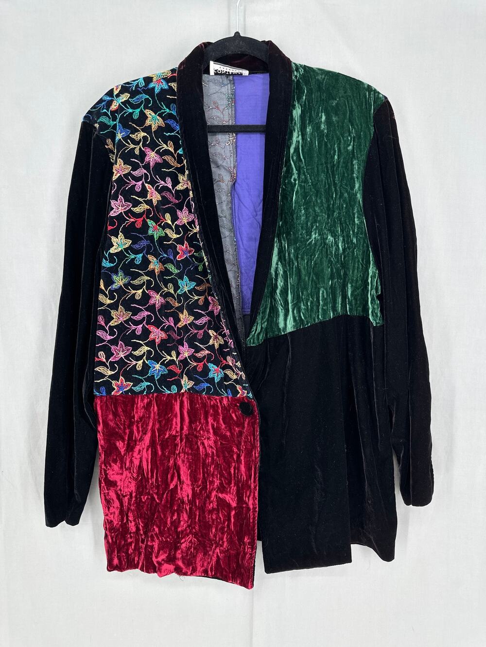 Vintage Jacket Womens Medium Velvet Colorful Patchwork Button Art To Wear Unique
